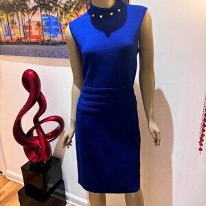 St John royal blue dress sleeveless 12 Large elegant wool career like new mock